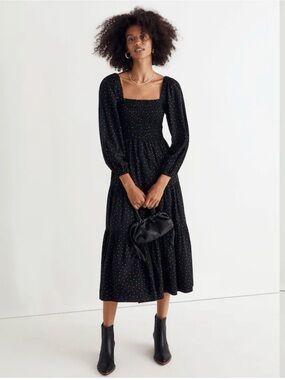Madewell Smocked Square-Neck Midi Dress in Black with Dots